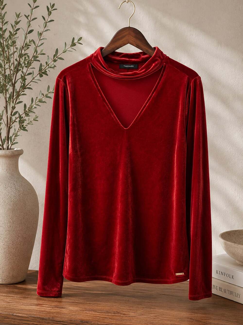 Tahari Red Velvet Long Sleeve Choker Neck Blouse - Picture 2 of 2